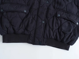 Detail view of black quilted jacket featuring snap buttons and ribbed elastic hemline