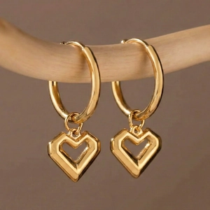 Minimalist 18k gold plated stainless steel hoop earrings with heart shaped pendants