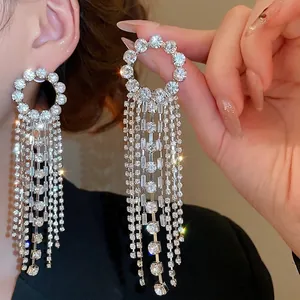 Sparkling silver needle round tassel earrings with long rhinestone drop chains for women