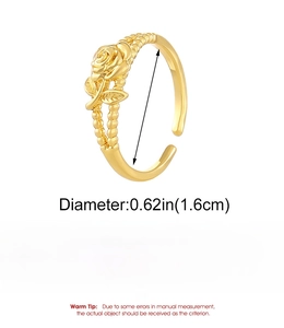 Detailed size specifications for the gold rose ring showing diameter and copper material