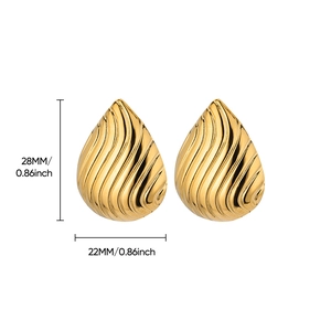Detailed view of gold teardrop earrings with dimensions of 28mm height and 22mm width