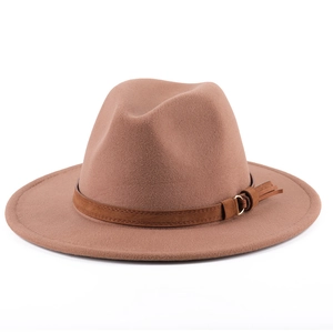 Classic brown wool fedora hat with a stylish suede band and gold buckle detail