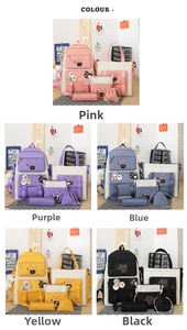 Detail of five-piece nylon backpack set in five colors including school bag and pouches