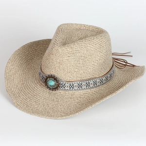 Cappello da cowboy in paglia etnica con ornamento turchese e lacci in pelle per mare
