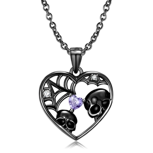 925 Sterling Silver Gothic Skull Heart Necklace Purple Rhinestone Spider Web Pendant Punk Halloween Jewelry For Women Men