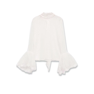 White lace long sleeve blouse with bell sleeves and elegant floral mesh textures