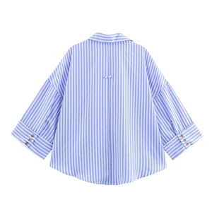 Detail of blue and white striped poplin shirt showing oversized back and sleeve buttons