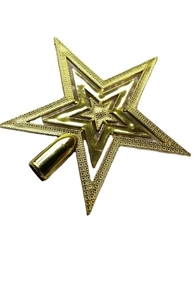 Golden five-pointed star tree topper with shiny metallic finish on white background