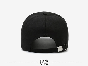 Back view of black cotton baseball cap with adjustable silver metal buckle strap