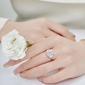 Close-up of luxury S925 sterling silver ring with square ice-cut zircon on model hand