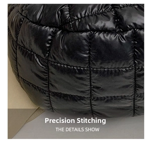 Close-up of precision stitching on quilted black nylon crossbody bag fabric detail