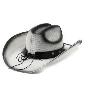 Detail of woven cowboy hat featuring faux turquoise studs on brown leather band