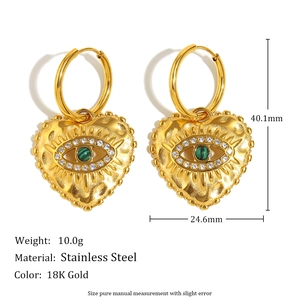 18K gold plated stainless steel heart evil eye earrings with malachite and zircons