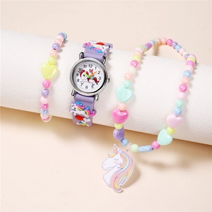 Kids Purple Unicorn Jewelry Alloy Silicone Quartz Watch Beaded Necklace Bracelet Cute Cartoon Girls Accessories