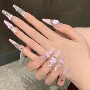 Fairy purple lace press-on nails with 3D teddy bears, bows, and pearls for a sweet look