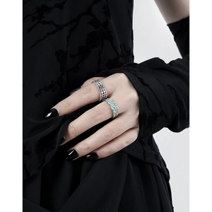 Irregular textured S925 silver ring set with hollow mesh and mint green resin details