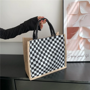 Retro linen tote bag with black and white checkerboard pattern and jute handles
