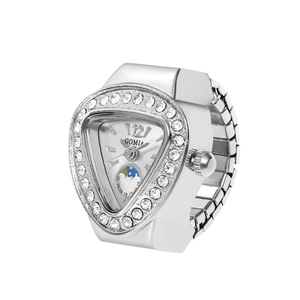 Silver inverted triangle ring watch with rhinestones and elastic steel band on white back