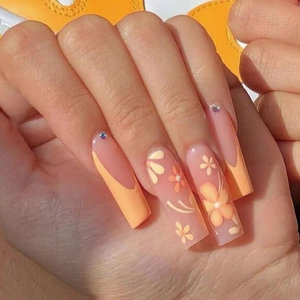 Orange French Press On Nails With White Floral Design And Rhinestones Long Ballet Artificial Nails For Women Daily Manicure