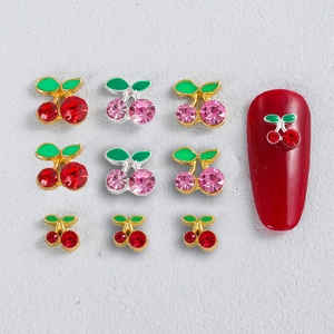 Sparkling Cherry Nail Art Charms Alloy Metal With Red Pink Rhinestones 3D Fruit Decorations For Manicure DIY Craft