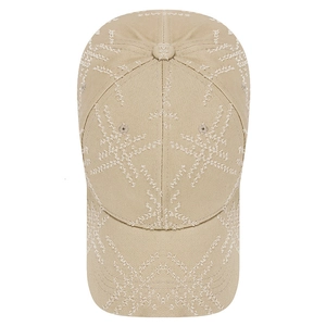 Front view of khaki distressed cotton baseball cap with white floral embroidery