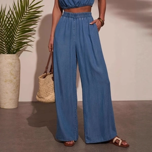 Ensemble haut bustier en denim bleu et pantalon large décontracté pour femme style été