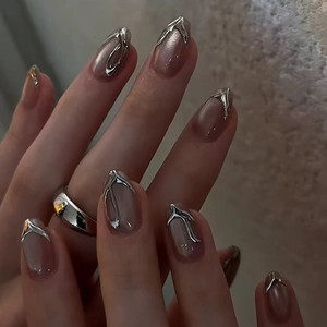 Press On Nails Fake Nails ABS Cat Eye Liquid Metal Silver 3D Line Oval Almond Shape Fashion Manicure Decoration For Women
