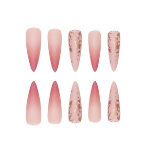 Pink gradient long stiletto press-on nails with gold foil accents and matte finish