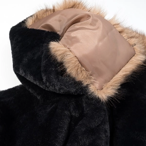 Detailed close-up of faux fur collar showing black and khaki color contrast textures