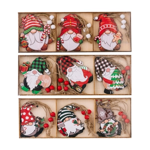 Set of 9 wooden Christmas gnome ornaments with Rudolph designs and hanging strings