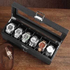 Mehrlagige Uhrenbox Schmuck Organizer Karbonfaser PU Leder Etui Mit Glasfenster Für Uhren Brillen Ringe