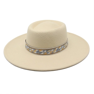 Classic beige wide-brim wool felt fedora with geometric patterned jacquard band