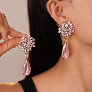 Luxury Flower Teardrop Dangle Drop Earrings With 925 Sterling Silver Earring Post Alloy Rhinestone Crystal Elegant Women