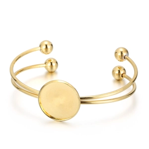Bracelet jonc ouvert en acier inoxydable doré avec double ligne et plateau rond