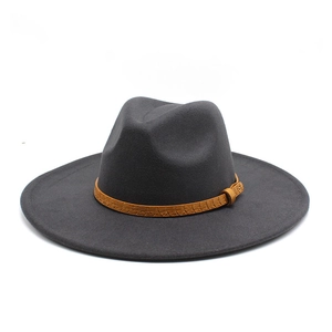Detail of grey wool felt fedora featuring a brown leather decorative band and metal buckle