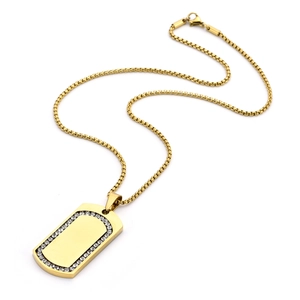 Detailed view of a gold rectangular dog tag pendant with diamond border on a box chain