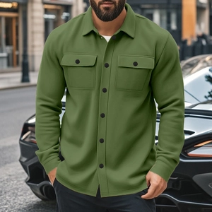 Close-up of army green fleece-lined jacket with dual breast pockets and lapel collar
