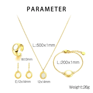 Gold plated stainless steel jewelry set with oval white inlay and size parameters