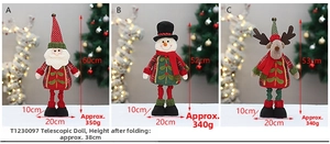 Detailed view of telescopic Christmas plush toys in Santa, Snowman and Reindeer styles
