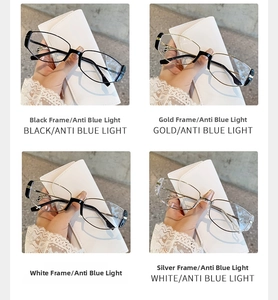 Confronto di occhiali anti-luce blu in montature di metallo nero, oro, argento e bianco