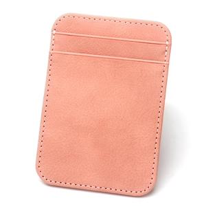 Detailed close-up of pink PU leather card holder with vertical stitching and card slots