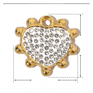 Detailed view of heart-shaped stainless steel pendant with rhinestones and 15mm dimensions