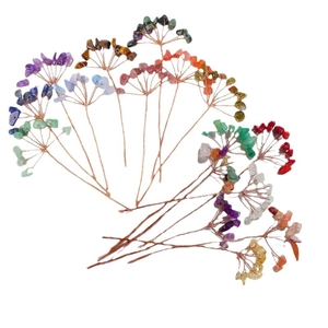 Handmade copper wire money tree with colorful natural crystal stone leaves on white background