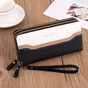 Close-up of tricolor dual-zipper long wallet with litchi grain texture and wrist strap