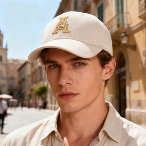 Beige baseball cap with golden embroidered letter A and classic structured cotton crown