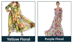 Détails des imprimés tropicaux et floraux sur des robes longues avec col en V
