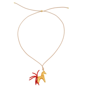 Gold horse pendant necklace with red beaded glass tail on wax cord for women