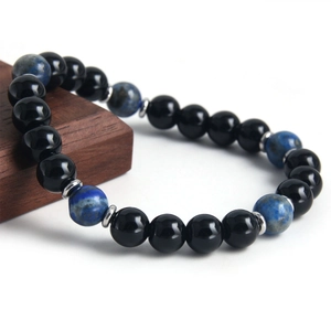 Natural lapis lazuli and black obsidian beaded bracelet with stainless steel spacers