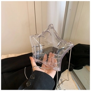 Detailed view of the clear acrylic star shaped handbag with thin silver chain strap