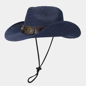 Detail of navy straw cowboy hat with leather band, bull head emblem and windproof rope